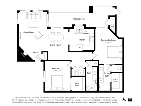 Floor plan for 2 beds, 2 baths, 1247 sqft